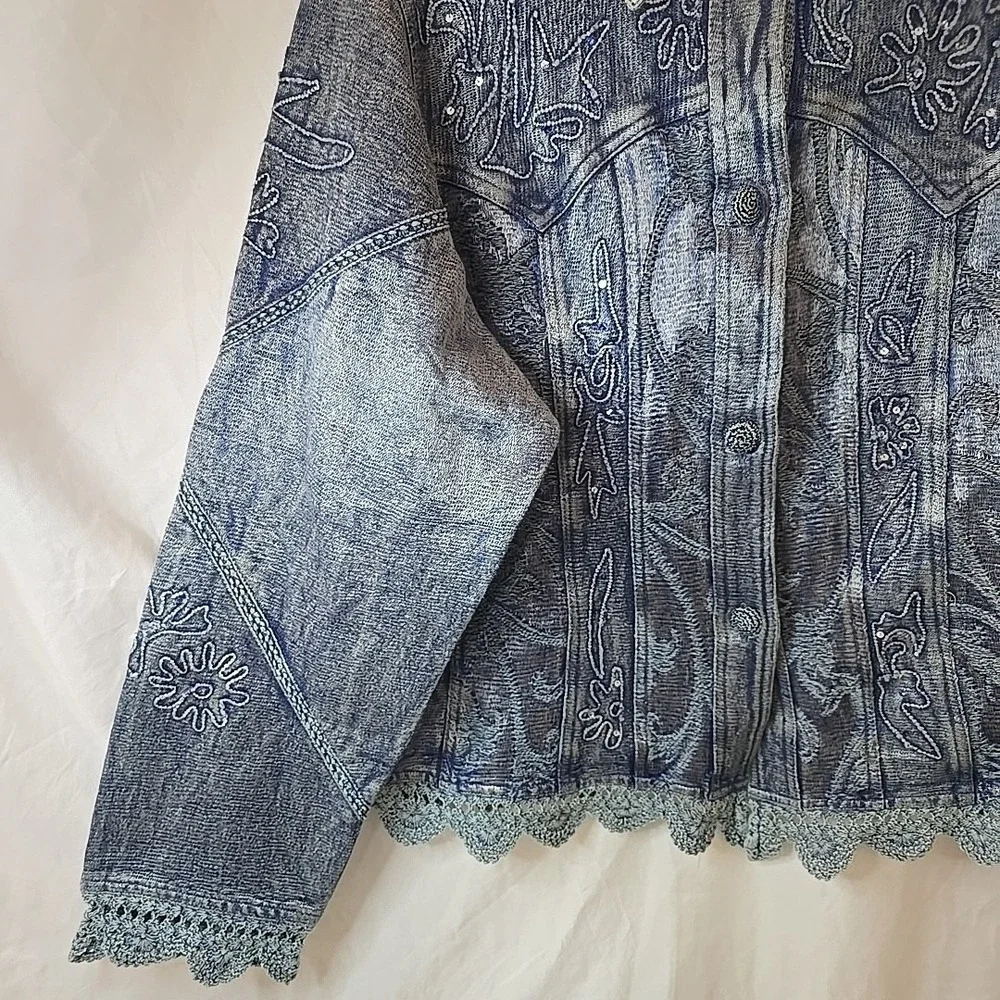 Vintage Flashback Jacket Metallic Blue Floral Detail Lace Embroidered Sequins XL